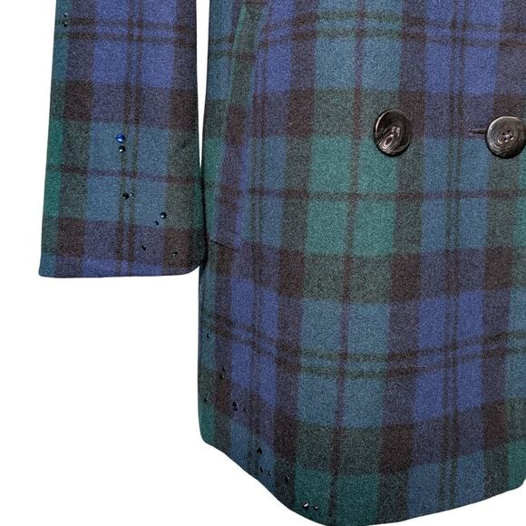 Vintage Checked 100% Wool Coat with Austrian Crystals - Blue Green Tartan - Picture 12 of 15